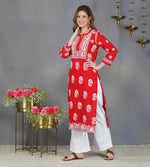 Load image into Gallery viewer, Red round neck cotton kurta with chikankari
