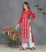 Load image into Gallery viewer, Red round neck cotton kurta with chikankari