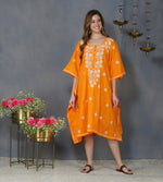 Load image into Gallery viewer, Turmeric yellow cotton kaftan with chikankari