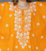 Load image into Gallery viewer, Turmeric yellow cotton kaftan with chikankari