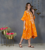 Load image into Gallery viewer, Turmeric yellow cotton kaftan with chikankari