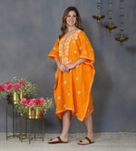 Load image into Gallery viewer, Turmeric yellow cotton kaftan with chikankari