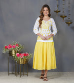 Load image into Gallery viewer, White cotton peasents top with mustard chikankari