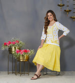 Load image into Gallery viewer, White cotton peasents top with mustard chikankari