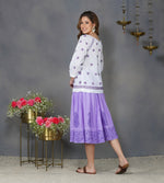Load image into Gallery viewer, white cotton peasents top with Purple chikankari