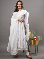 Load image into Gallery viewer, White cotton anarkali with multi colored chikankari