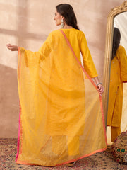 Yellow Cotton Sateen Mirror & Bead Work Kurta Set with Organza Dupatta