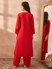 Red Handcrafted Mirror & Bead Work Kurta with Farshi Salwar