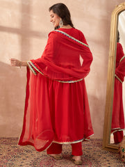 Red Mirror & Sequin Flared Kurta Set with Chiffon Dupatta