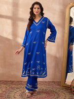 Load image into Gallery viewer, Vrindavan – Blue Handcrafted Chikankari Cotton Sateen Kurta Set