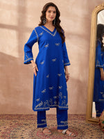 Load image into Gallery viewer, Vrindavan – Blue Handcrafted Chikankari Cotton Sateen Kurta Set