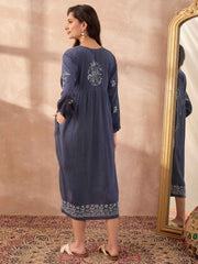 Denim Handcrafted Chikankari Front-Open Dress with Sling Bag