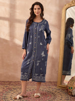 Load image into Gallery viewer, Denim Handcrafted Chikankari Front-Open Dress with Sling Bag