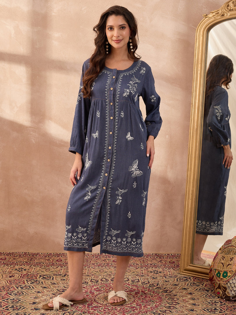 Denim Handcrafted Chikankari Front-Open Dress with Sling Bag