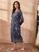 Load image into Gallery viewer, Denim Handcrafted Chikankari Front-Open Dress with Sling Bag