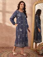 Load image into Gallery viewer, Denim Handcrafted Chikankari Front-Open Dress with Sling Bag