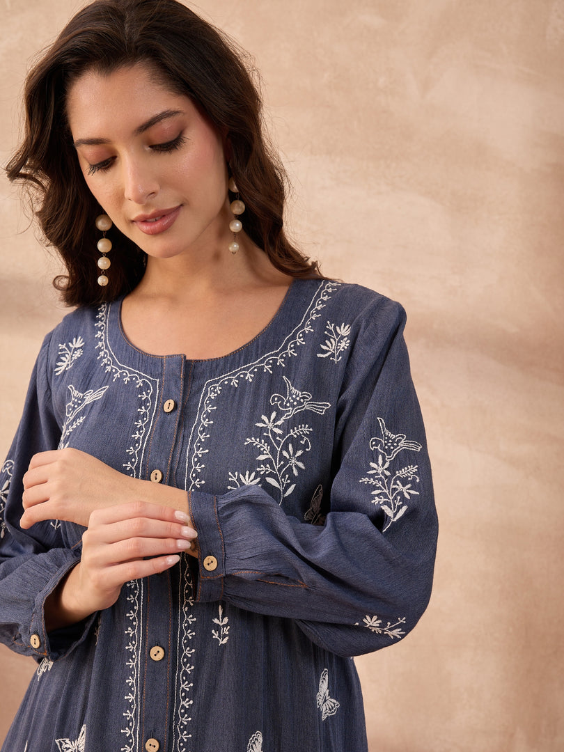 Denim Handcrafted Chikankari Front-Open Dress with Sling Bag