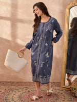 Load image into Gallery viewer, Denim Handcrafted Chikankari Front-Open Dress with Sling Bag