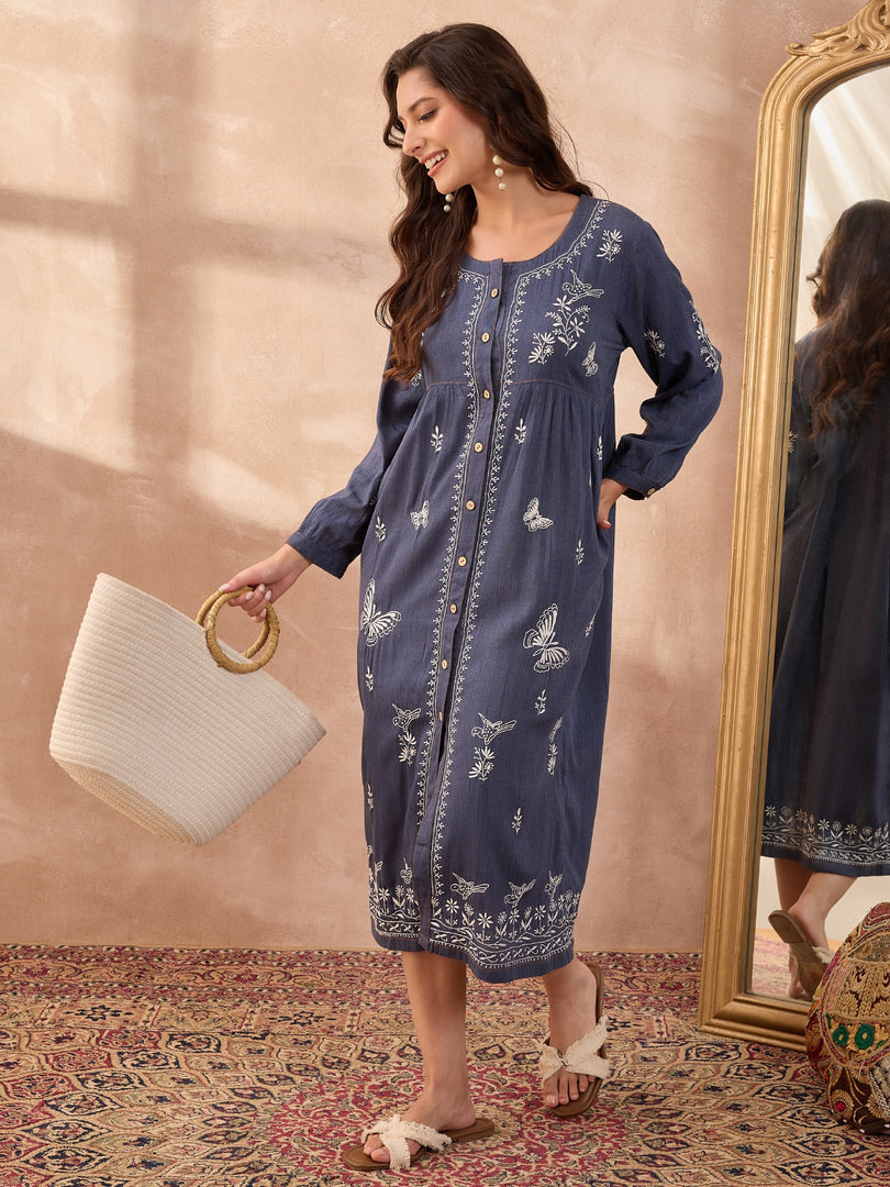 Denim Handcrafted Chikankari Front-Open Dress with Sling Bag