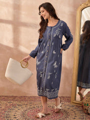 Denim Handcrafted Chikankari Front-Open Dress with Sling Bag
