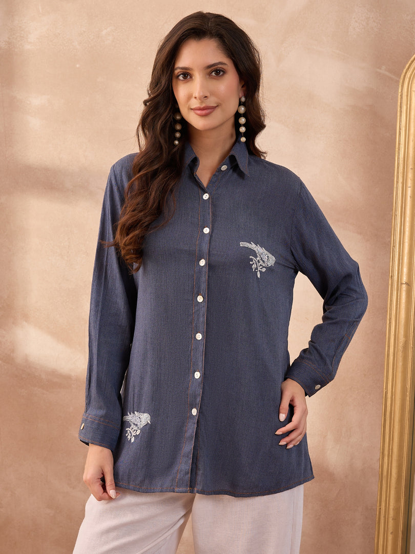 Denim Bird Motif Chikankari & Bead Work Shirt