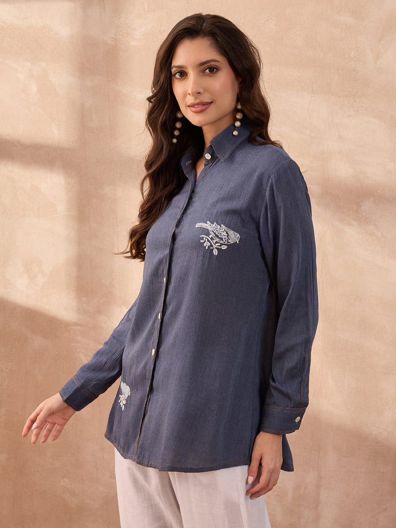 Denim Bird Motif Chikankari & Bead Work Shirt