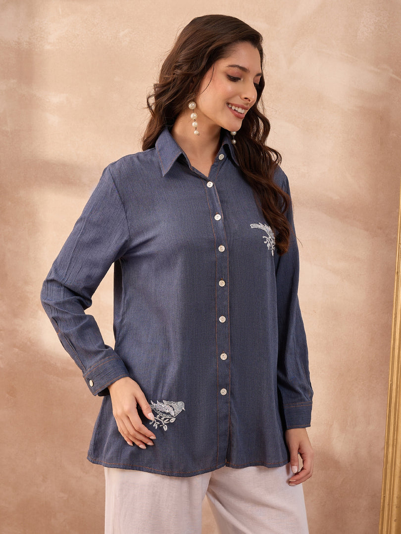 Denim Bird Motif Chikankari & Bead Work Shirt