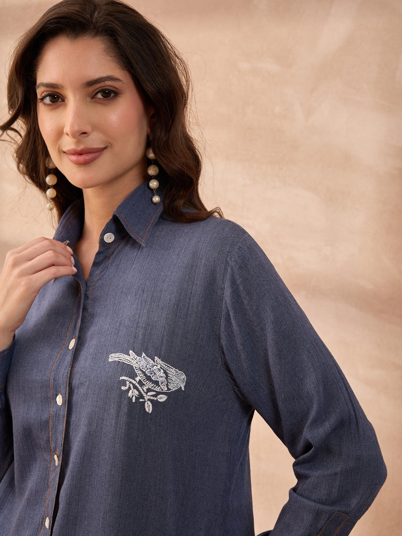 Denim Bird Motif Chikankari & Bead Work Shirt