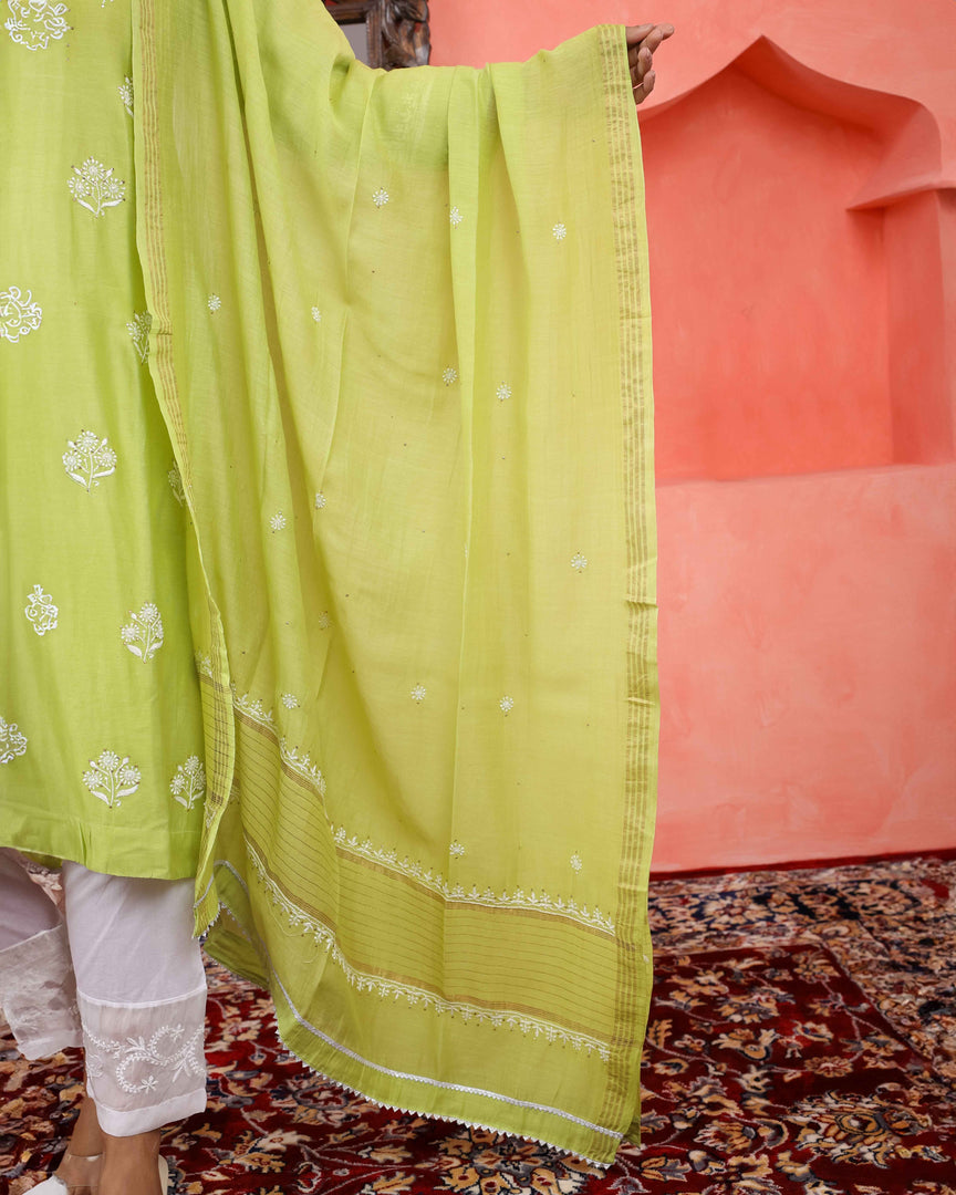 Green chikankari mukaish work chanderi kurta slip dupat