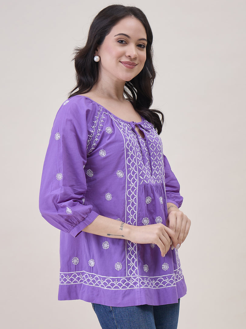 Purple Cotton Chikankari Top for Women