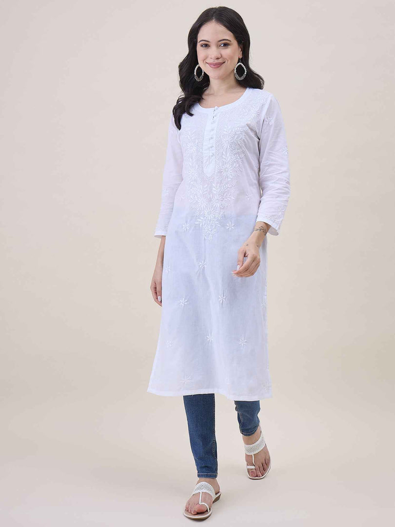 White Cotton Chikankari kurta with 3/4th sleeves