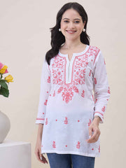 White Cotton Chikankari Tunic Top for Women