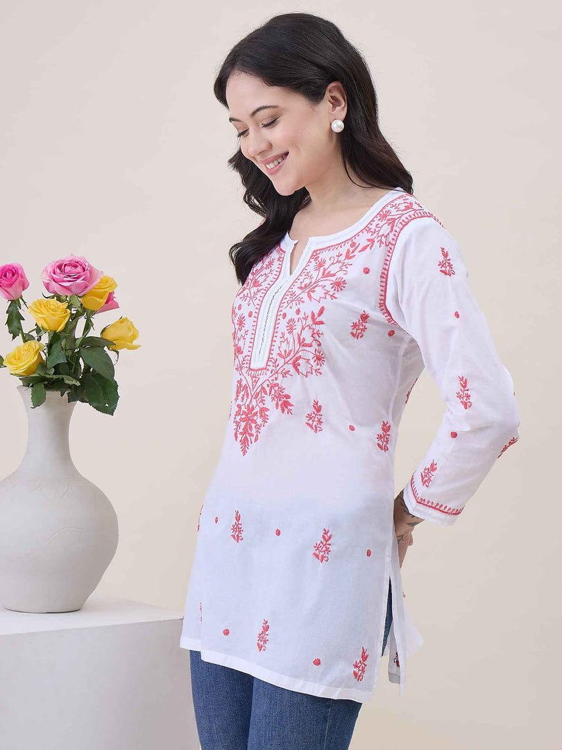 White Cotton Chikankari Tunic Top for Women