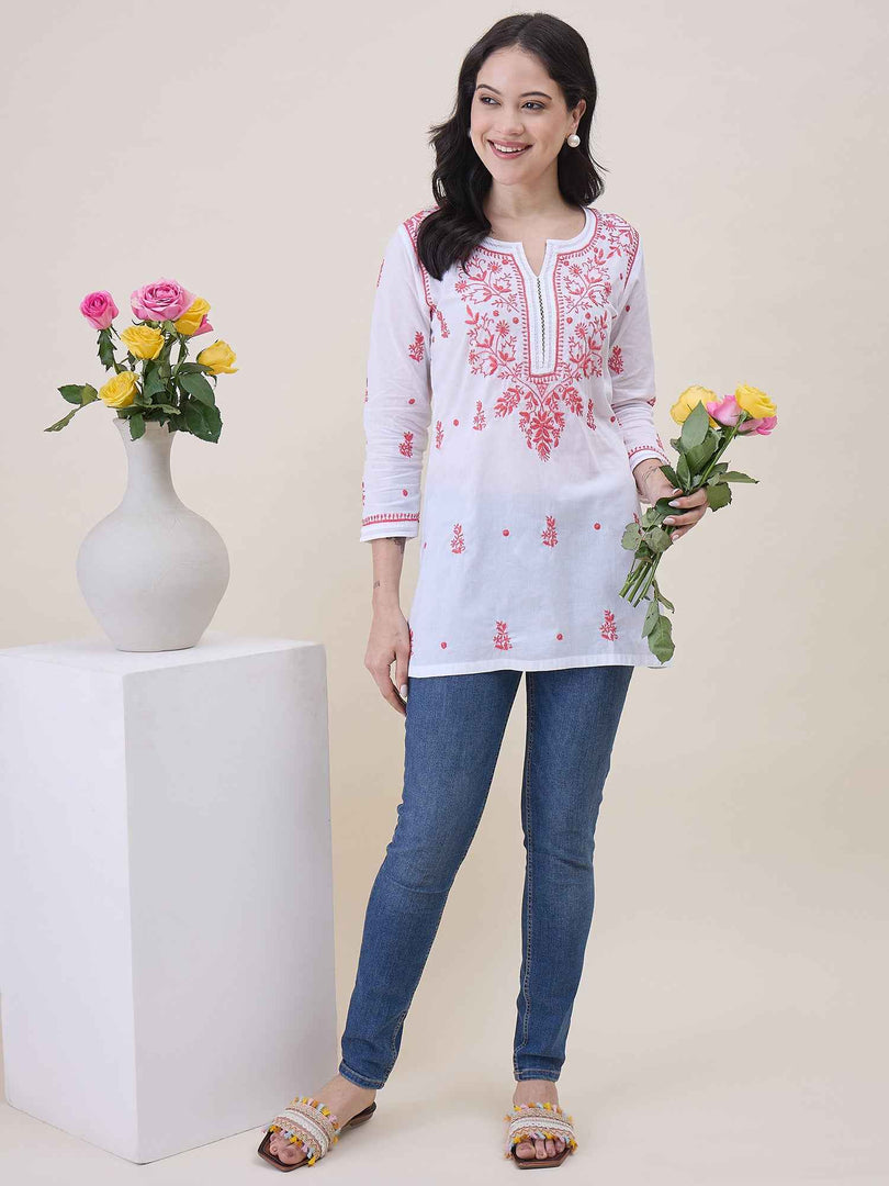 White Cotton Chikankari Tunic Top for Women