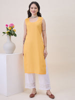 Load image into Gallery viewer, Mustard Yellow Chikankari &amp; Mukaish Work Chanderi Kurta Set with Slip &amp; Dupatta