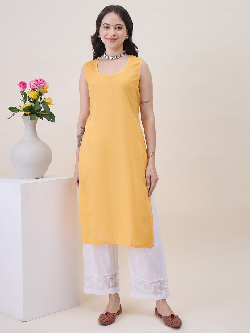 Mustard Yellow Chikankari & Mukaish Work Chanderi Kurta Set with Slip & Dupatta
