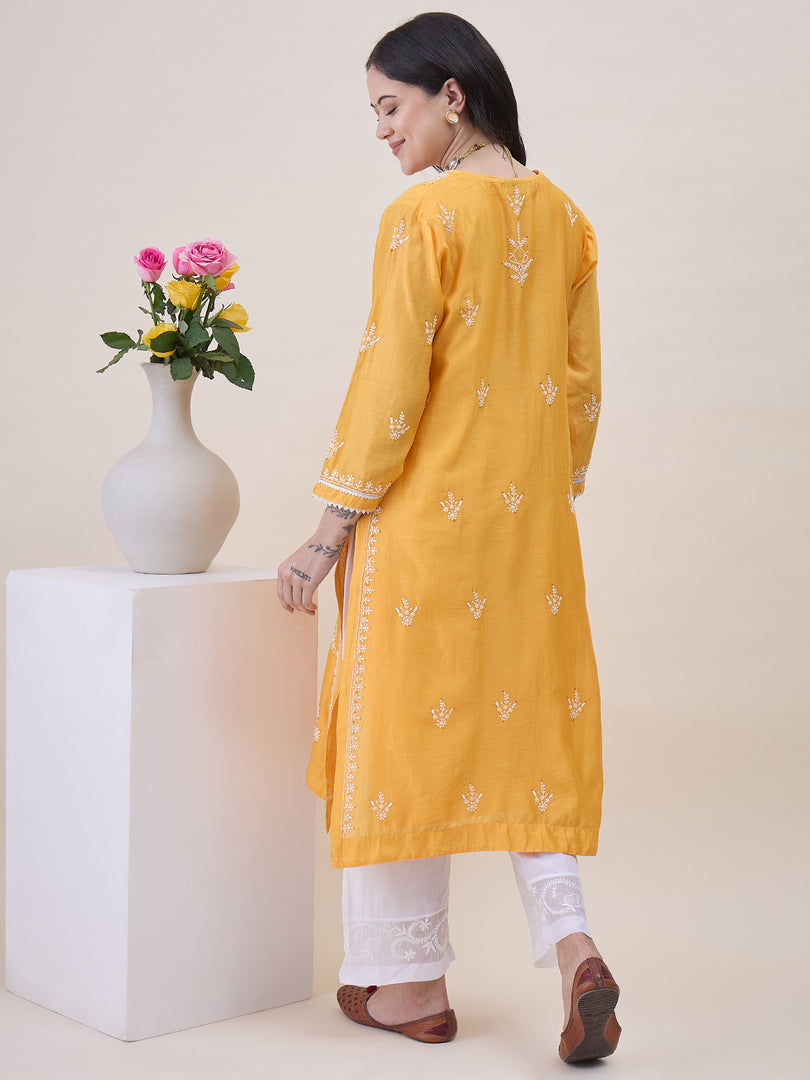 Mustard Yellow Chikankari & Mukaish Work Chanderi Kurta Set with Slip & Dupatta