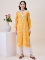 Load image into Gallery viewer, Mustard Yellow Chikankari &amp; Mukaish Work Chanderi Kurta Set with Slip &amp; Dupatta