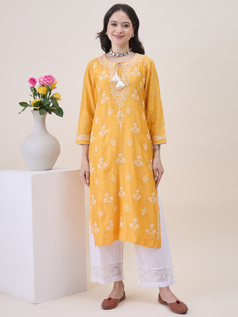 Mustard Yellow Chikankari & Mukaish Work Chanderi Kurta Set with Slip & Dupatta