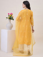 Load image into Gallery viewer, Mustard Yellow Chikankari &amp; Mukaish Work Chanderi Kurta Set with Slip &amp; Dupatta
