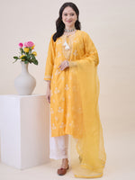 Load image into Gallery viewer, Mustard Yellow Chikankari &amp; Mukaish Work Chanderi Kurta Set with Slip &amp; Dupatta