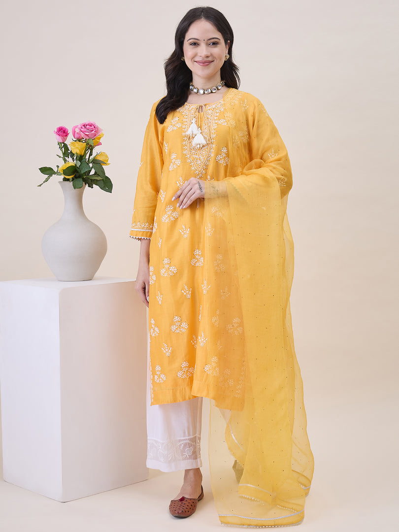 Mustard Yellow Chikankari & Mukaish Work Chanderi Kurta Set with Slip & Dupatta