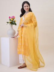 Mustard Yellow Chikankari & Mukaish Work Chanderi Kurta Set with Slip & Dupatta
