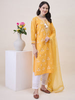 Load image into Gallery viewer, Mustard Yellow Chikankari &amp; Mukaish Work Chanderi Kurta Set with Slip &amp; Dupatta