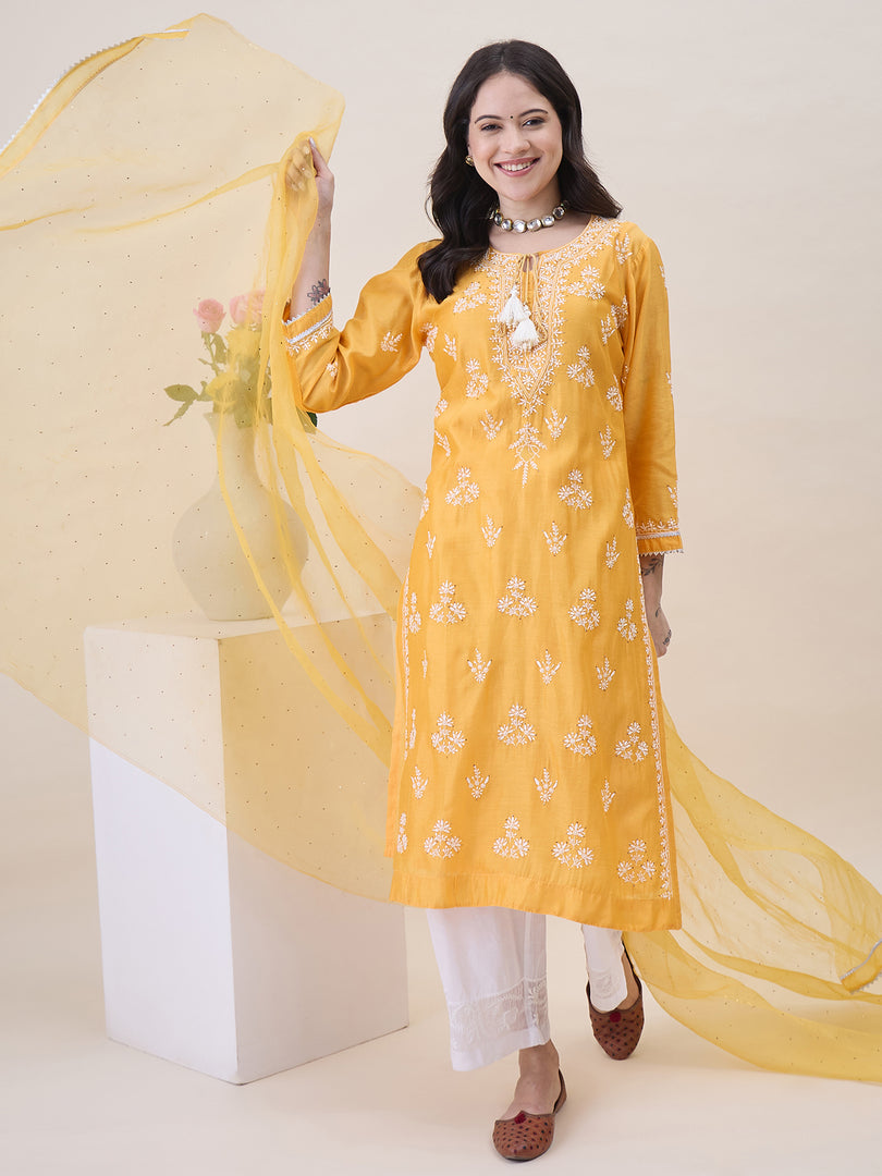 Mustard Yellow Chikankari & Mukaish Work Chanderi Kurta Set with Slip & Dupatta