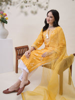 Load image into Gallery viewer, Mustard Yellow Chikankari &amp; Mukaish Work Chanderi Kurta Set with Slip &amp; Dupatta