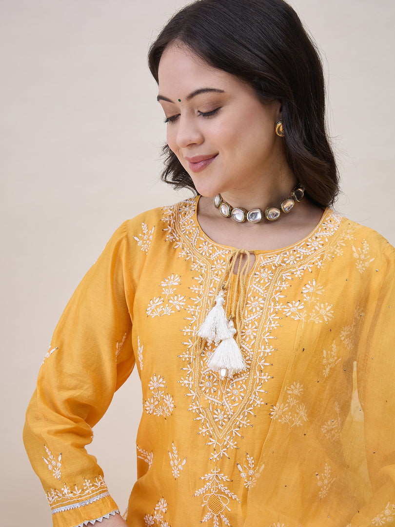 Mustard Yellow Chikankari & Mukaish Work Chanderi Kurta Set with Slip & Dupatta