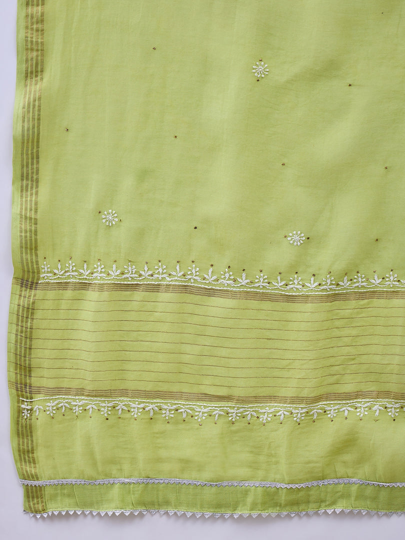 Green Chikankari Kurta Dupatta Set with Mukaish Work - Elegant Chanderi Ensemble