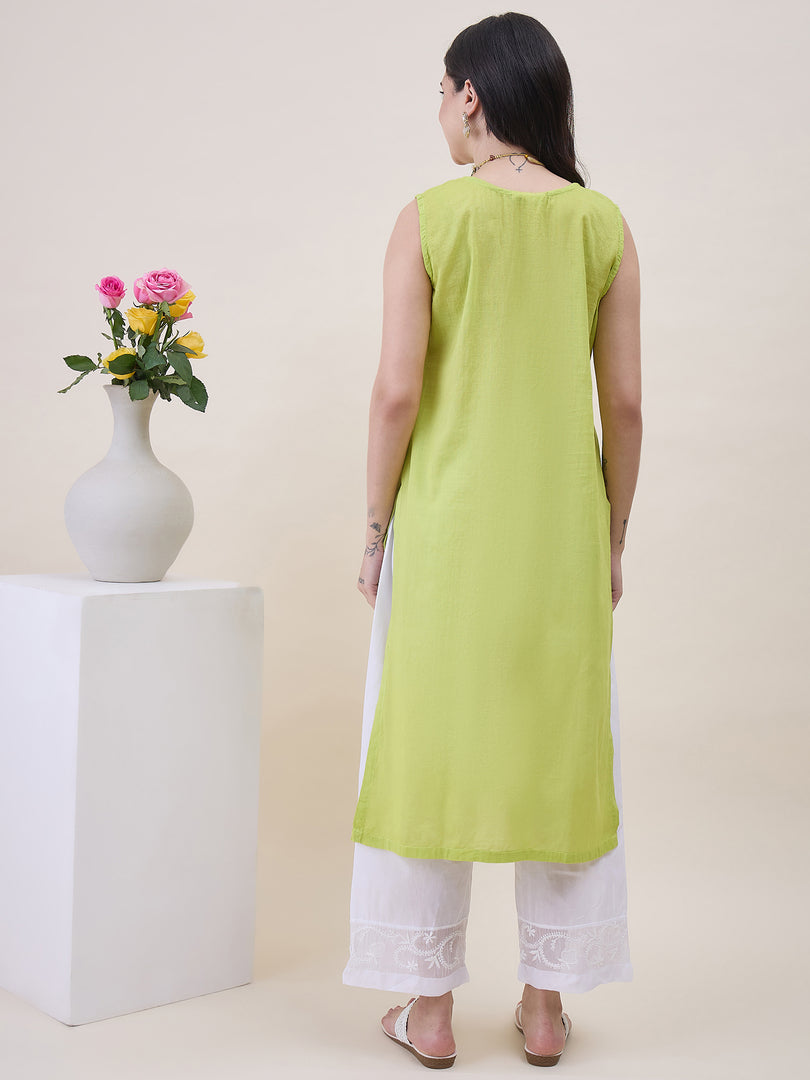 Green Chikankari Kurta Dupatta Set with Mukaish Work - Elegant Chanderi Ensemble