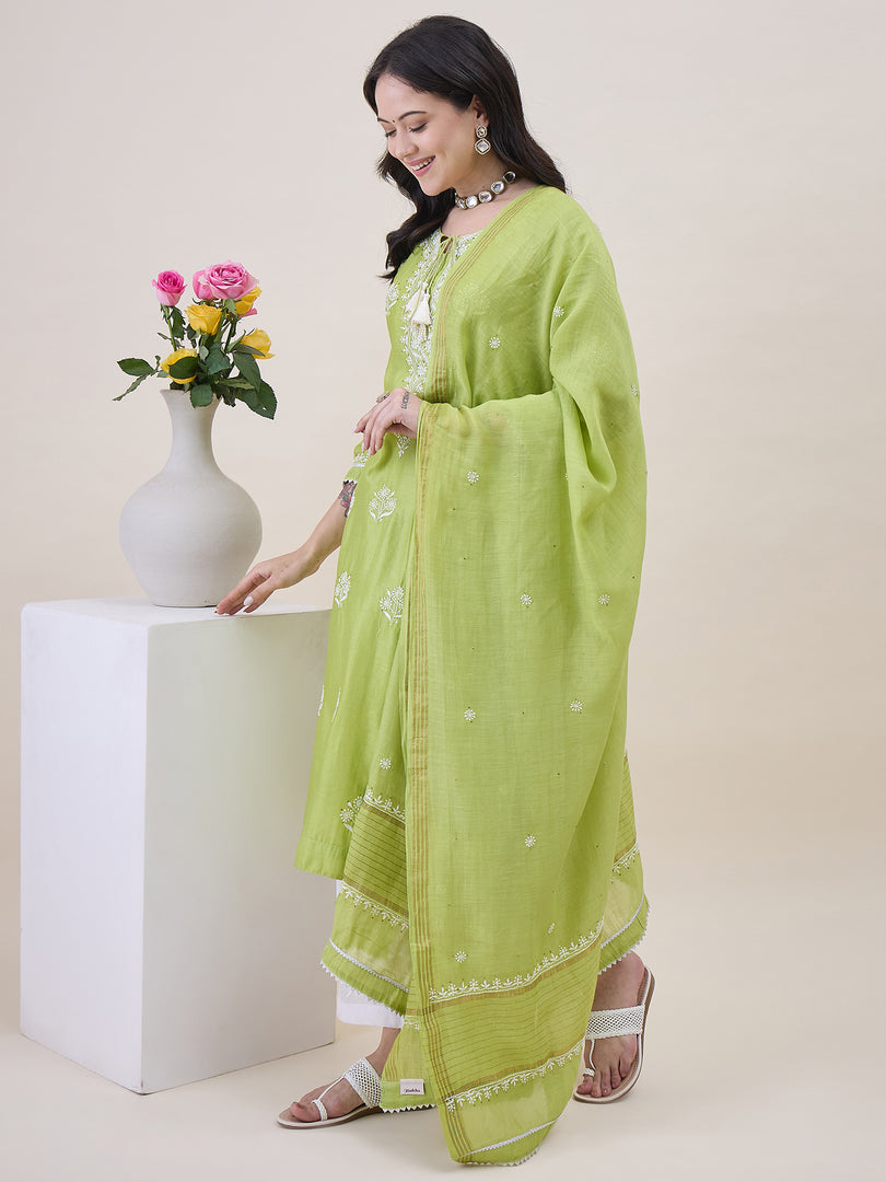 Green Chikankari Kurta Dupatta Set with Mukaish Work - Elegant Chanderi Ensemble